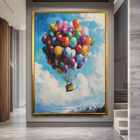 Colorful Balloon Canvas Print Wall Art, Dreamy Sky Artwork for Nursery or Living Room, Whimsical Hot Air Fantasy Decor on Canvas