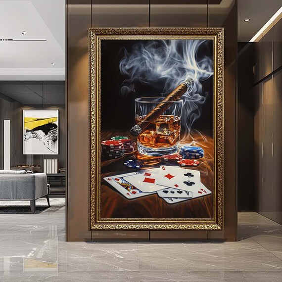 Whiskey Cigar Poker Canvas Wall Art – Luxury Gambling Still Life Print – Classic Bar and Man Cave Artwork Decor