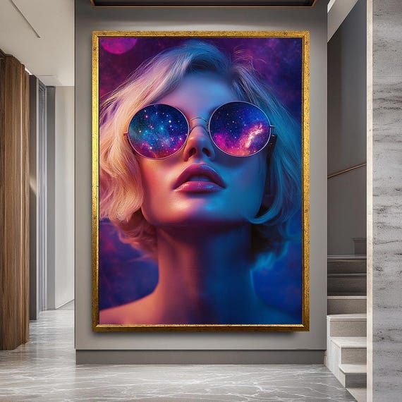 Galaxy Glasses Girl Canvas Art – Neon Cosmic Portrait in Pop Style – Futuristic Space Wall Decor for Bedroom, Studio or Trendy Interiors
