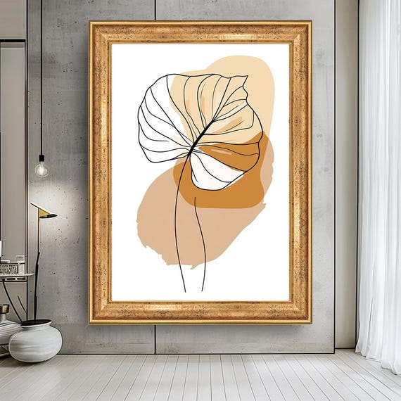 Minimalist Line Art Leaf Canvas – Abstract Botanical Wall Art in Earth Tones for Modern Scandinavian Decor