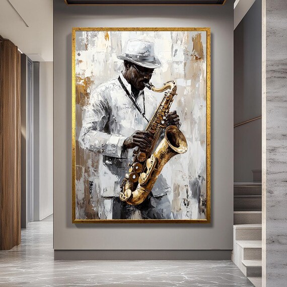 Jazz Saxophone Player Canvas Wall Art, Expressive Musician Painting Print, Black and White Jazz Artwork for Studio or Living Room Decor