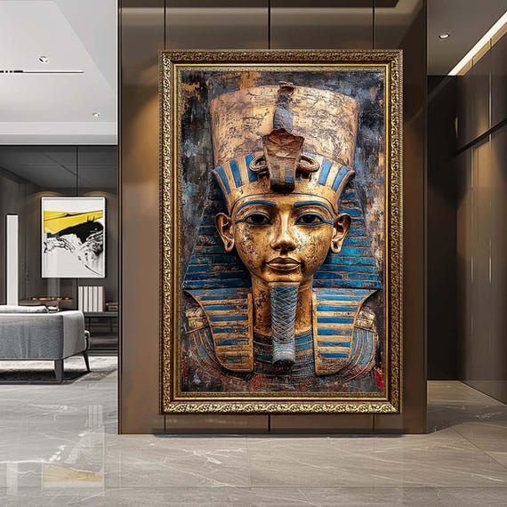 Egyptian Pharaoh Canvas Wall Art – Ancient Gold Mask Portrait – Mystical Egypt Artwork for Cultural Home Decor