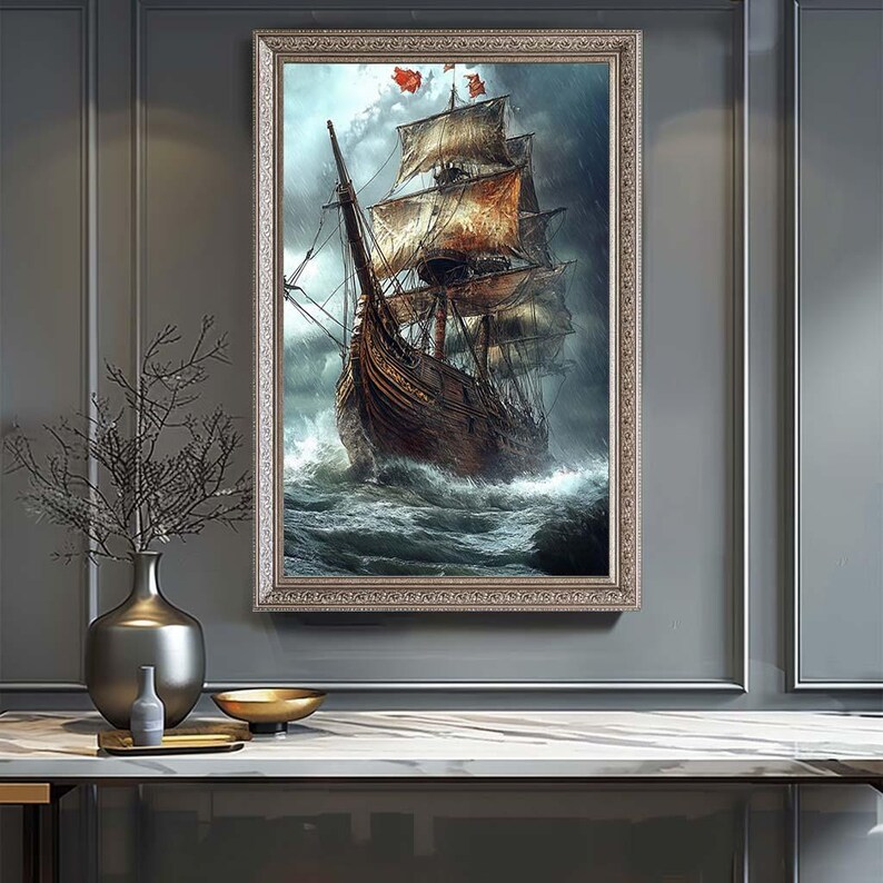 Vintage Sailing Ship Canvas Wall Art – Stormy Ocean Tall Ship Print ...
