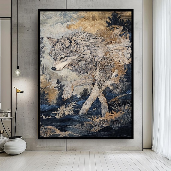 Mystical Wolf Canvas Wall Art – Ethereal Forest Wolf Illustration Print – Spiritual Animal Artwork for Rustic or Boho Home Decor
