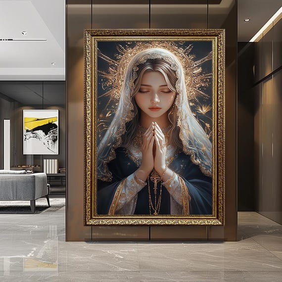 Virgin Mary Canvas Wall Art - Classic Religious Painting of Madonna in Prayer - Catholic Christian Decor for Home, Chapel or Gift