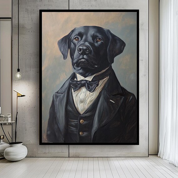 Elegant Black Labrador Dog Portrait in Vintage Suit Canvas Wall Art – Sophisticated Pet Artwork for Home or Office Decoration