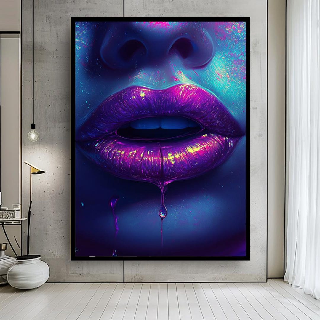 Neon Purple Lips Canvas Wall Art – Bold Sexy Pop Art Print With