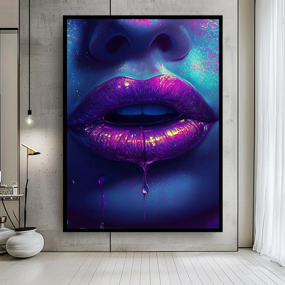 Neon Purple Lips Canvas Wall Art – Bold Sexy Pop Art Print with Dripping Effect for Bedroom or Modern Glam Wall Decor Accent