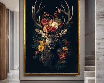 Floral Deer Canvas Print, Elegant Stag Wall Art with Flowers, Rustic Nature Inspired Artwork for Living Room or Cabin Decor
