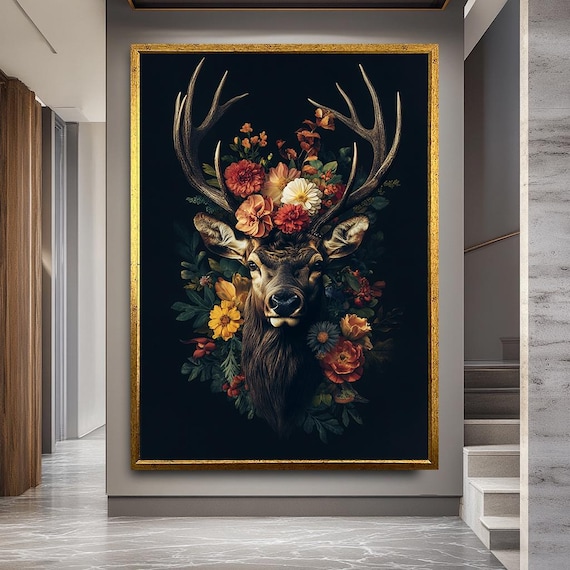 Floral Deer Canvas Print, Elegant Stag Wall Art with Flowers, Rustic Nature Inspired Artwork for Living Room or Cabin Decor