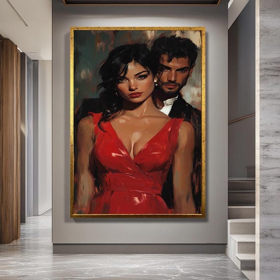 Romantic Couple Canvas Art – Elegant Woman in Red Dress & Man Portrait Print for Bedroom or Modern Wall Decor
