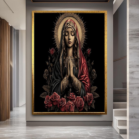 Virgin Mary Wall Art With Praying Hands, Red Roses And Golden Halo, Catholic Religious Canvas Print For Sacred Home Or Prayer Room Decor