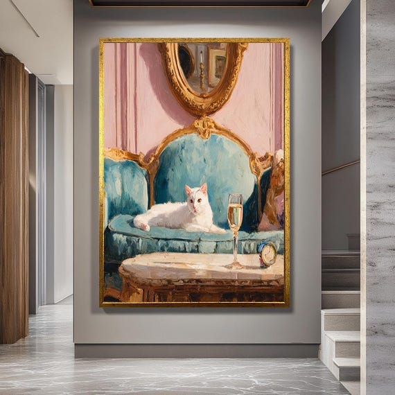 White Cat on Vintage Sofa Canvas Wall Art – Elegant Aristocratic Pet Scene – Luxury Baroque Style Animal Home Decor Print