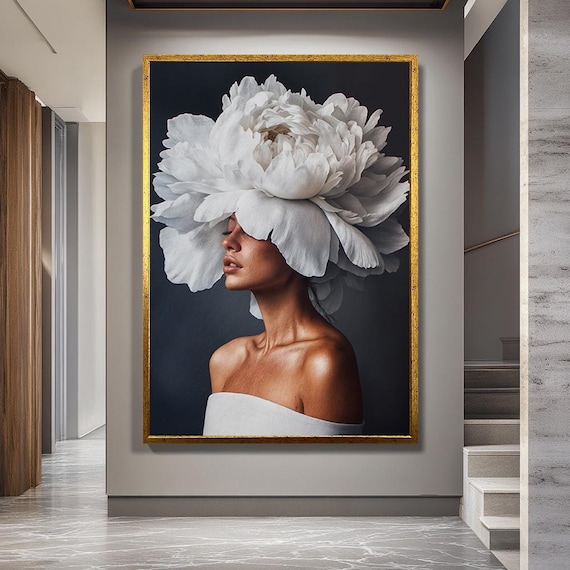 White Peony Flower Head Woman Canvas Wall Art, Modern Feminine Portrait Print, Elegant Floral Artwork for Living Room or Bedroom Decor