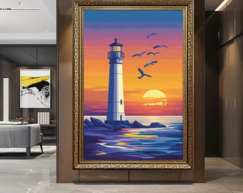 Könnte beinhalten: Gerahmtes Gemälde zeigt einen Leuchtturm an einer felsigen Küste bei Sonnenuntergang. Der Leuchtturm ist weiß mit blauem Dach, vor einem leuchtenden orange-blauen Himmel. Mehrere Vögel fliegen über dem Horizont, und das Gemälde ist in einem goldenen Rahmen.