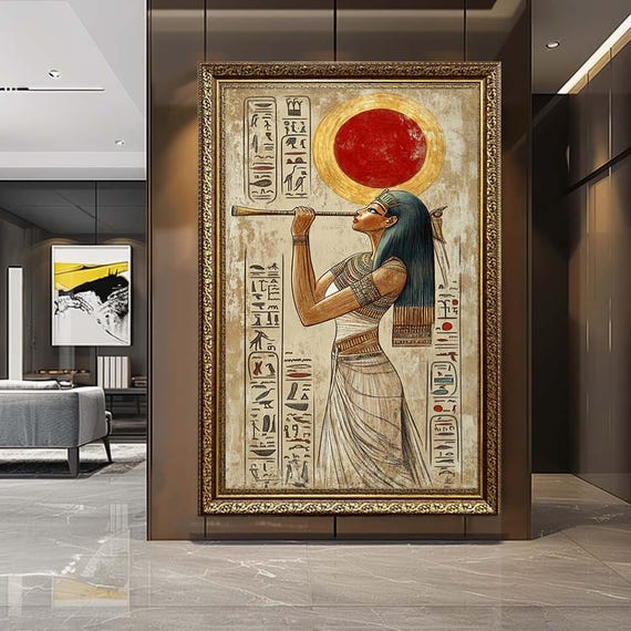 Ancient Egyptian Goddess Canvas Wall Art – Hieroglyphic Queen with Sun Disc – Mythology Inspired Egypt Artwork for Cultural Decor