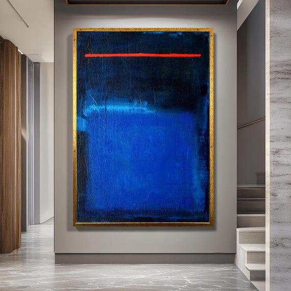 Minimalist Abstract Wall Art With Deep Blue And Red Line, Modern Color Field Canvas Print For Contemporary Interior Or Gallery Style Decor