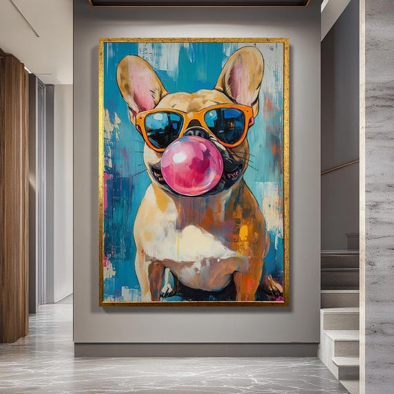Colorful French Bulldog Canvas Wall Art with Bubble Gum and Sunglasses – Fun Pop Art Dog Print for Modern Home Decor