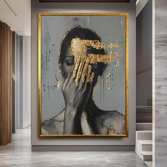 Emotive Abstract Portrait with Gold Leaf | Moody Figurative Wall Art Canvas | Contemporary Expressionist Decor for Modern Interiors