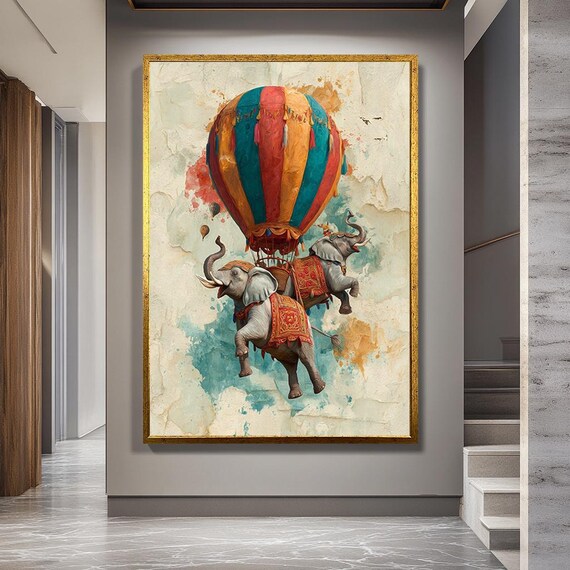Flying Elephants Canvas Art – Whimsical Hot Air Balloon Fantasy Print, Colorful Elephant Wall Decor, Kids Room & Nursery Art Print