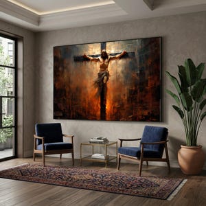 May include: Large framed artwork depicting the crucifixion of Jesus Christ. The painting features a somber color palette of browns, oranges, and blues. Two blue armchairs with wooden frames and a patterned rug are in front of the artwork.
