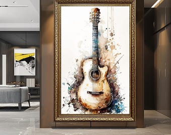 Lienzo decorativo de guitarra en acuarela, lámina con pintura de instrumento acústico, obra de arte con temática musical para estudio, sala de música o sala de estar