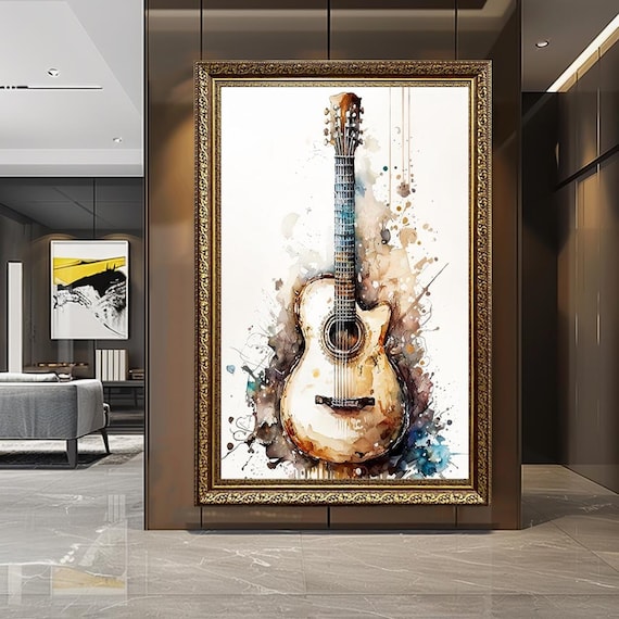 Watercolor Guitar Canvas Wall Art, Acoustic Instrument Painting Print, Musical Themed Artwork for Studio, Music Room or Living Room Decor