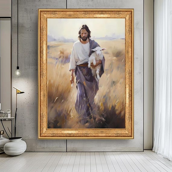 Jesus Holding Lamb Christian Wall Art Canvas Print, Religious Spiritual Painting For Living Room Faith Based Christian Home Decor