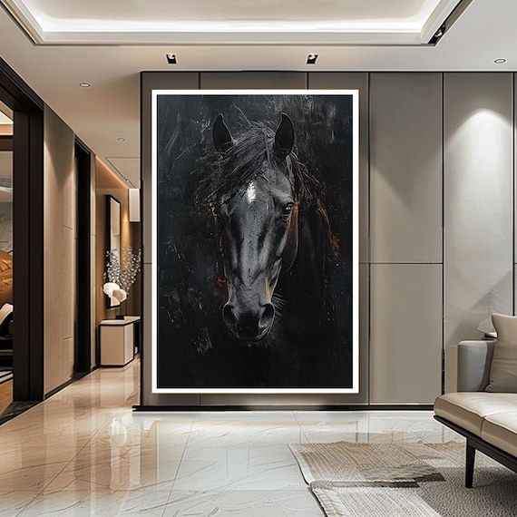 Majestic Black Horse Canvas Wall Art with Dark Dramatic Background – Bold Equine Portrait Print for Modern Rustic Decor