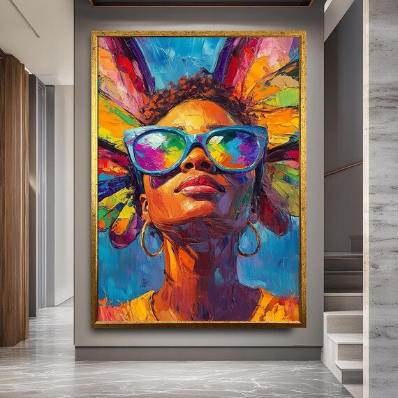 Bold Colorful Woman Canvas Print with Sunglasses and Gold Frame, Vibrant Portrait Wall Art for Modern Living Room or Creative Spaces
