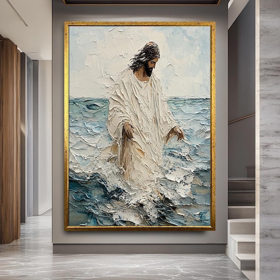 Jesus Walking on Water Textured Canvas Art, 3D Religious Wall Decor, Faith Inspired Christian Artwork