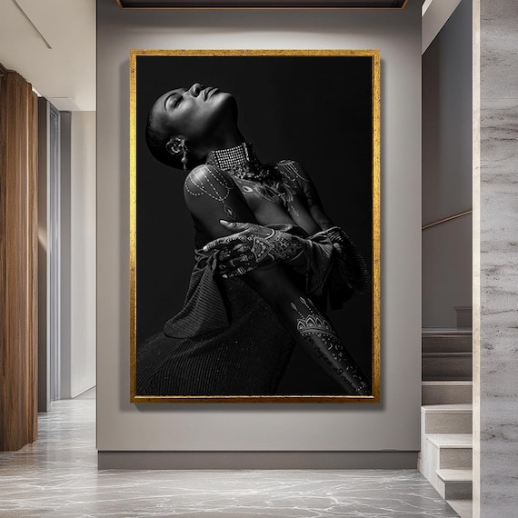 Black and White Tribal Woman Canvas Wall Art, Elegant Henna Body Art Portrait Print, Bold Monochrome Artwork for Modern or Boho Decor