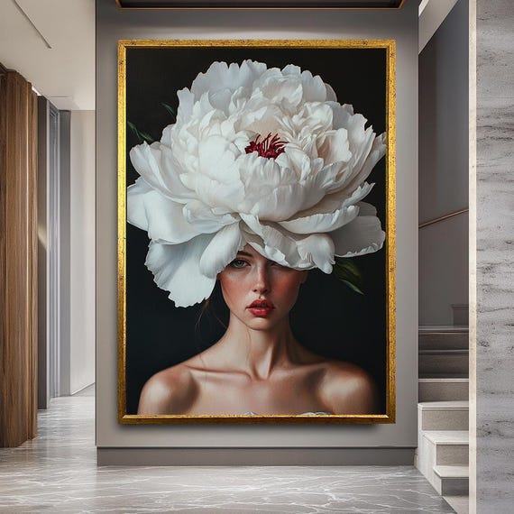 Floral Woman Portrait Wall Art | Realistic Peony Flower Head Canvas Print | Modern Feminine Artwork for Elegant Bedroom or Living Room Decor