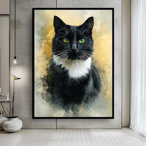 Elegant Black and White Cat Canvas Wall Art with Green Eyes – Realistic Pet Portrait Print for Minimalist Animal Lover Decor