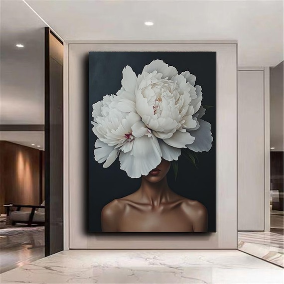 Elegant Woman with Peony: Luxury Floral Portrait Art Print
