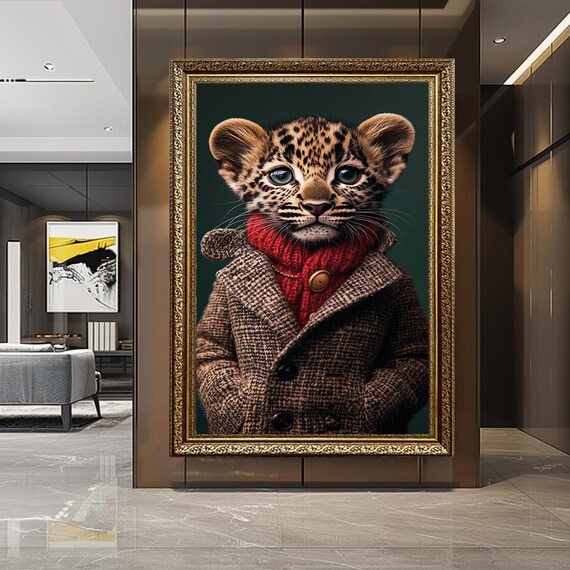 Dressed Leopard Cub Canvas Print | Cute Animal Portrait Wall Art | Baby Leopard in Coat | Whimsical Nursery Jungle Decor
