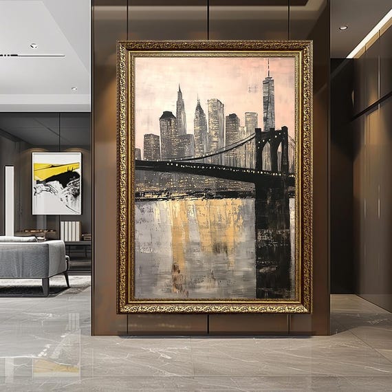 New York City Skyline Canvas – Brooklyn Bridge Wall Art with Modern Gold Reflections – Urban Architecture Print for Living Room or Office