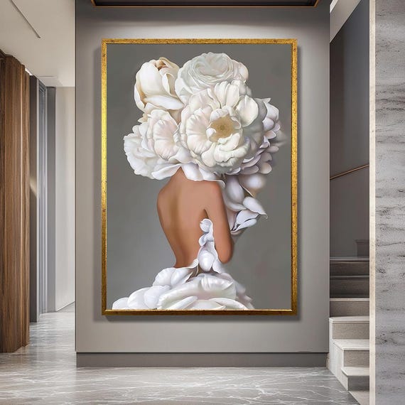 White Floral Woman Canvas Wall Art, Elegant Feminine Portrait Print, Minimal Botanical Artwork for Bedroom or Modern Home Decor