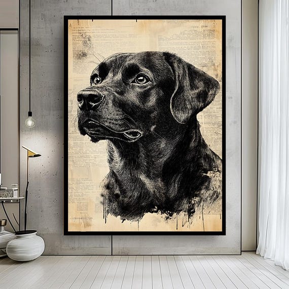 Vintage Black Labrador Canvas Wall Art – Retro Dog Portrait on Old Paper Background – Rustic Pet Illustration Print for Home Decor