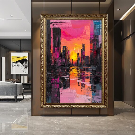 Sunset Cityscape Canvas Wall Art – Colorful Abstract Skyline Painting with Pink and Orange Tones for Modern Urban Decor