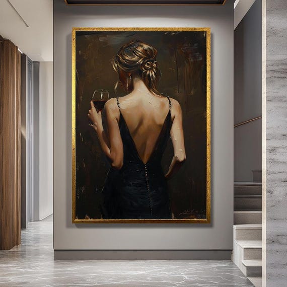 Elegant Woman in Black Dress Canvas Wall Art – Sophisticated Back View Print with Wine Glass Romantic Feminine Portrait for Modern Decor
