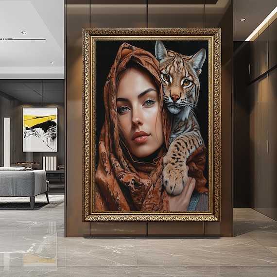 Woman and Wild Cat Canvas – Boho Jungle Spirit Wall Art, Feminine Strength Animal Portrait Print for Nature-Inspired Home Decor