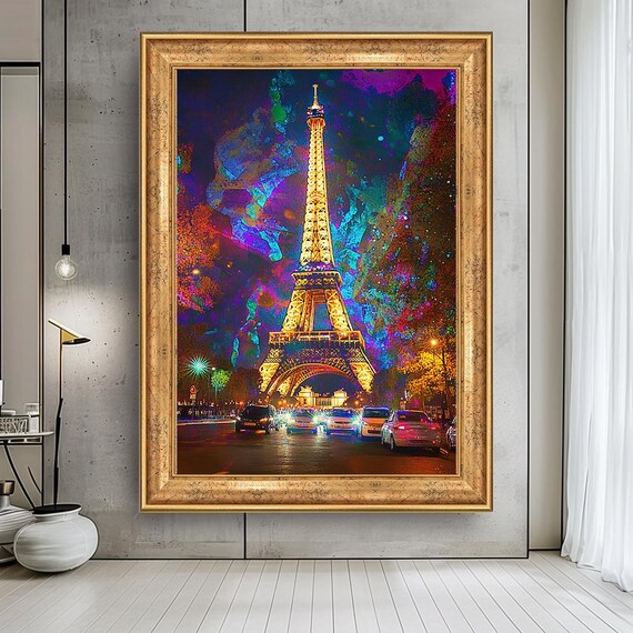 Colorful Eiffel Tower Canvas Wall Art – Paris France Cityscape Painting with Night Lights, Abstract Urban Skyline Home Deco