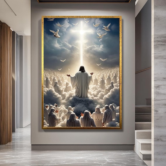 Heavenly Jesus Canvas Wall Art – Divine Christian Scene with Glowing Cross and Angels in Clouds Religious Spiritual Artwork for Faith Decor
