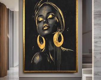 Golden Woman Canvas Print, Elegant Black and Gold Wall Art, Modern Glamour Portrait for Bedroom or Living Room Decor
