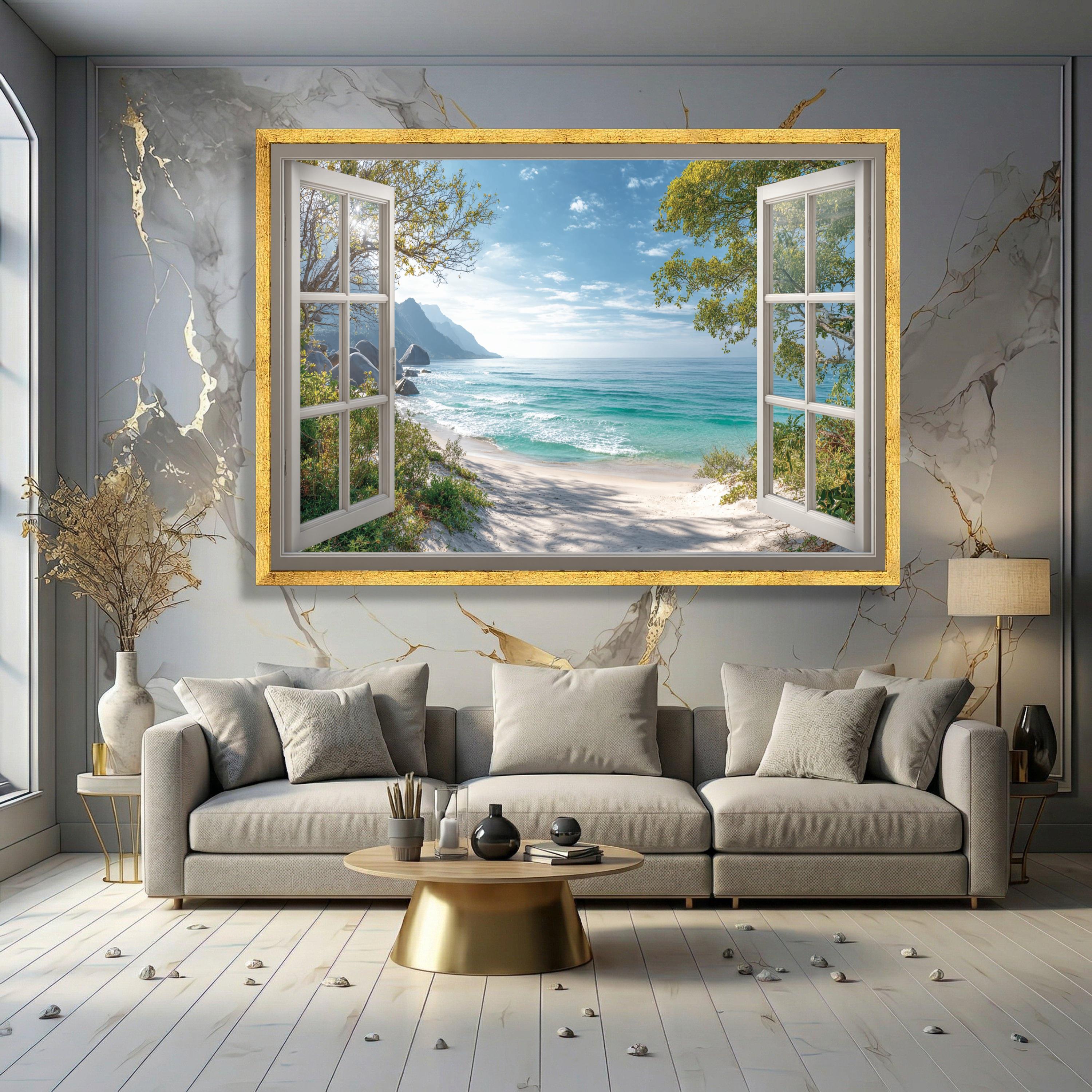 Ocean View Through Open Window Canvas, Tropical Beach Wall Art, Seaside ...