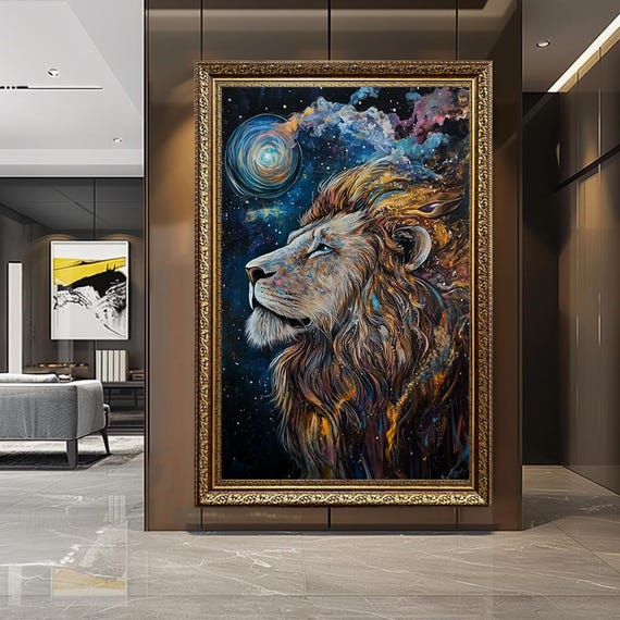 Celestial Lion Galaxy Canvas Wall Art – Spiritual Cosmic Jungle King Portrait – Mystical Universe Animal Decor Print
