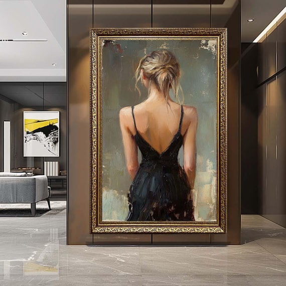 Elegant Woman Back Portrait Canvas Wall Art – Minimalist Black Dress Print – Modern Feminine Artwork for Chic Home Decor