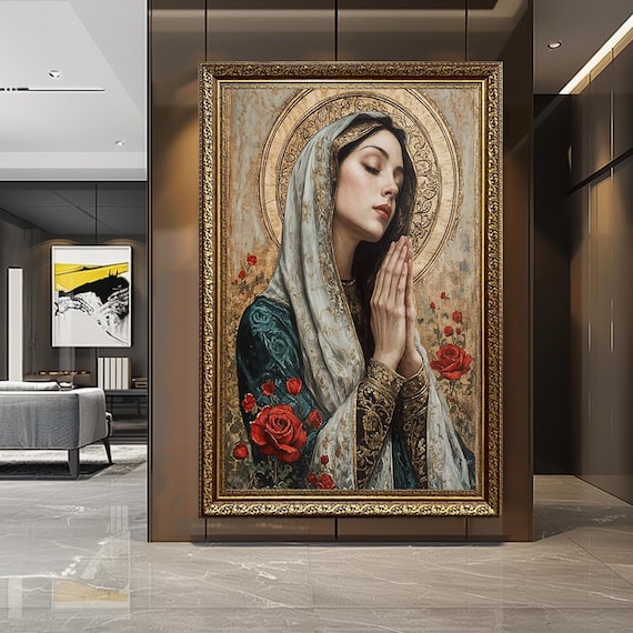 Religious Woman Portrait Canvas With Gold Halo And Red Roses, Spiritual Wall Art Print For Christian Or Sacred Themed Home Decor