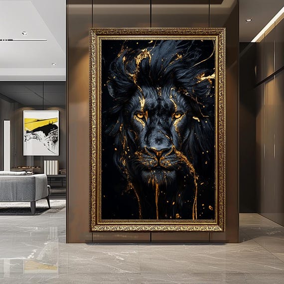 Black and Gold Lion Canvas Wall Art – Luxury Fierce Jungle King Portrait – Modern Regal Animal Decor for Bold Interiors